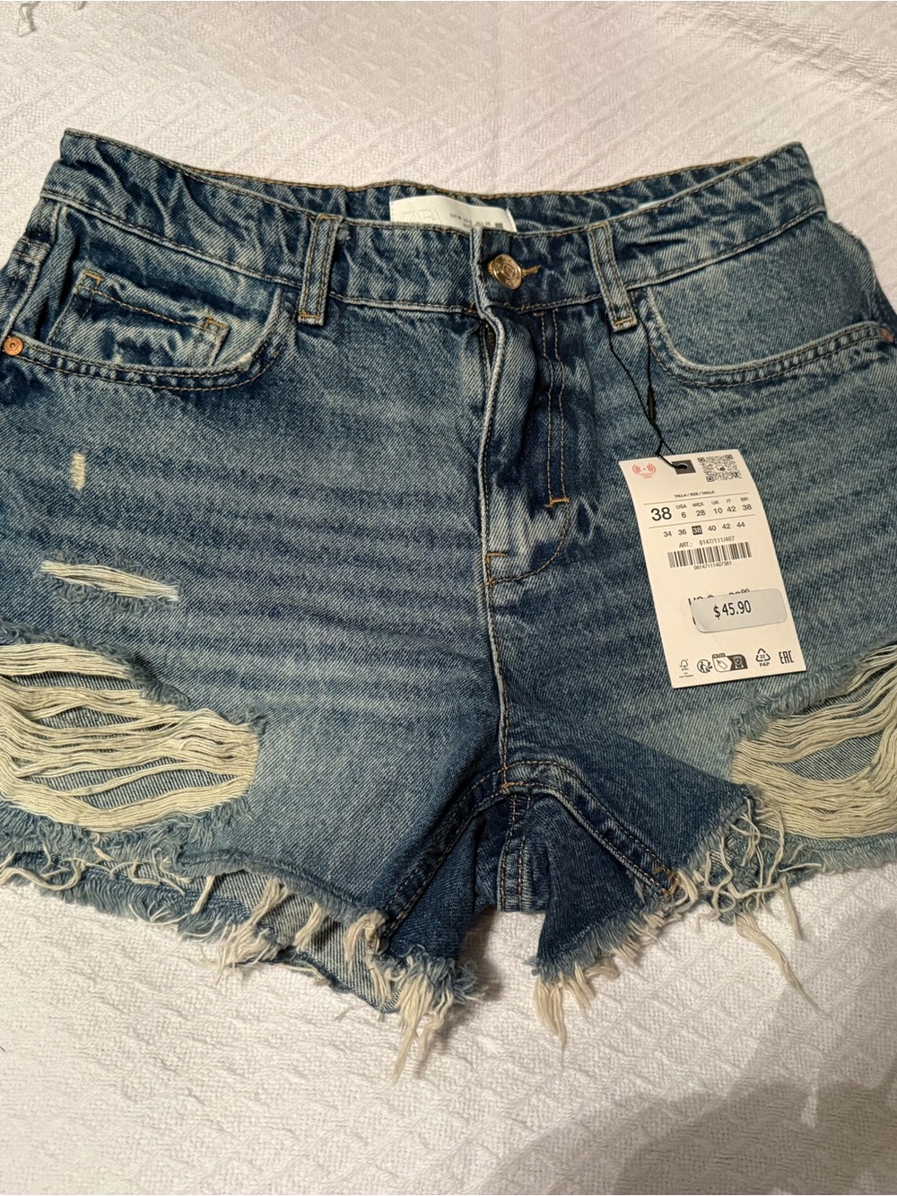 Zara Distressed High-Rise Denim Shorts - Blue